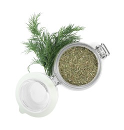 Aromatic dry and fresh dill on white background, top view