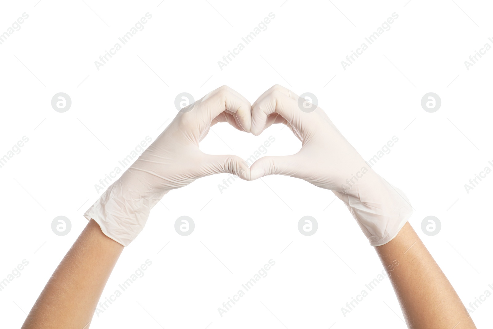 Photo of Doctor in medical gloves showing heart with hands on white background, closeup