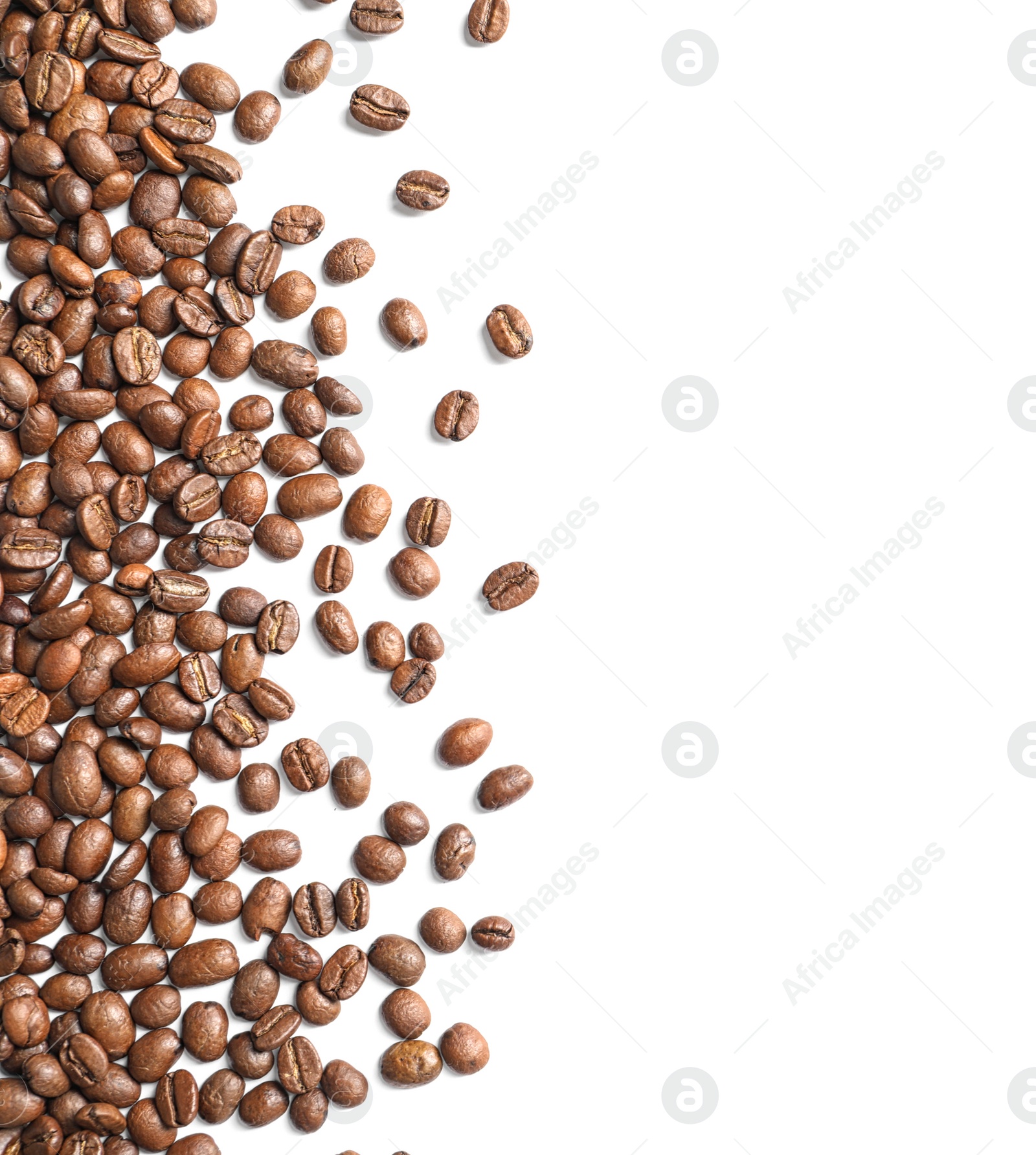 Photo of Roasted coffee beans on white background, top view