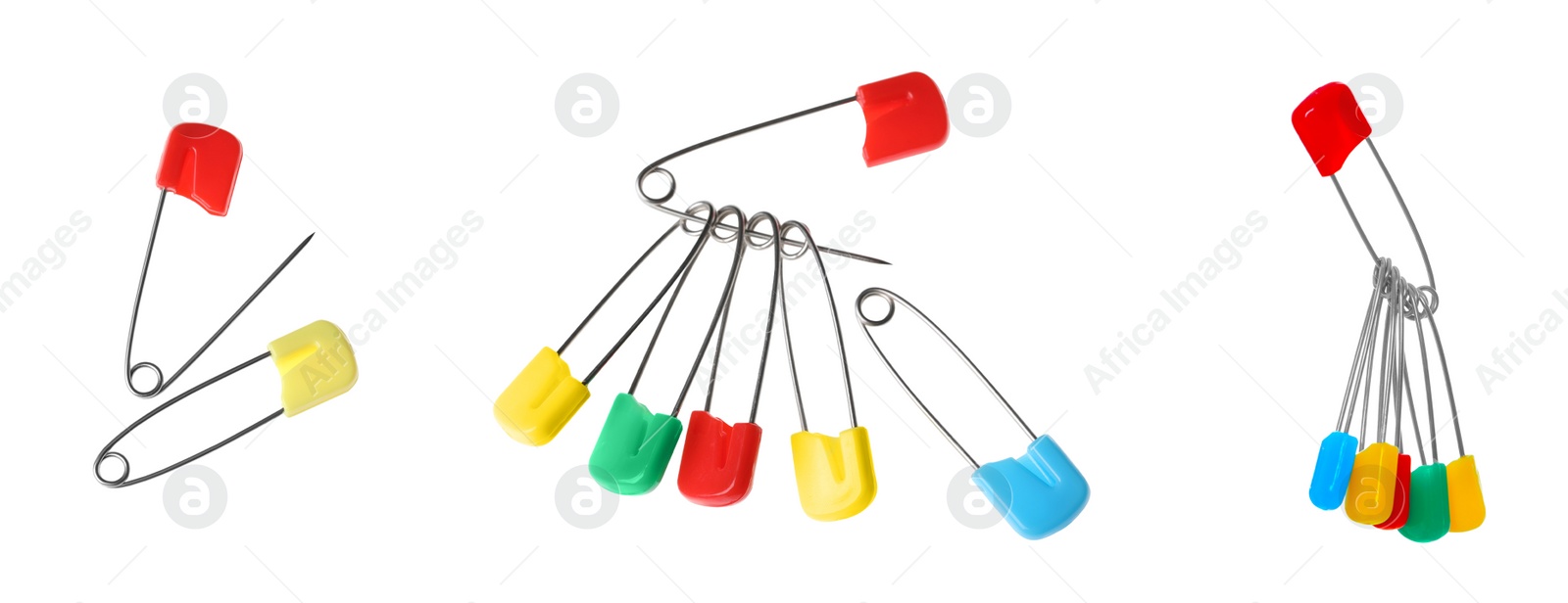 Image of Set with colorful safety pins on white background. Banner design