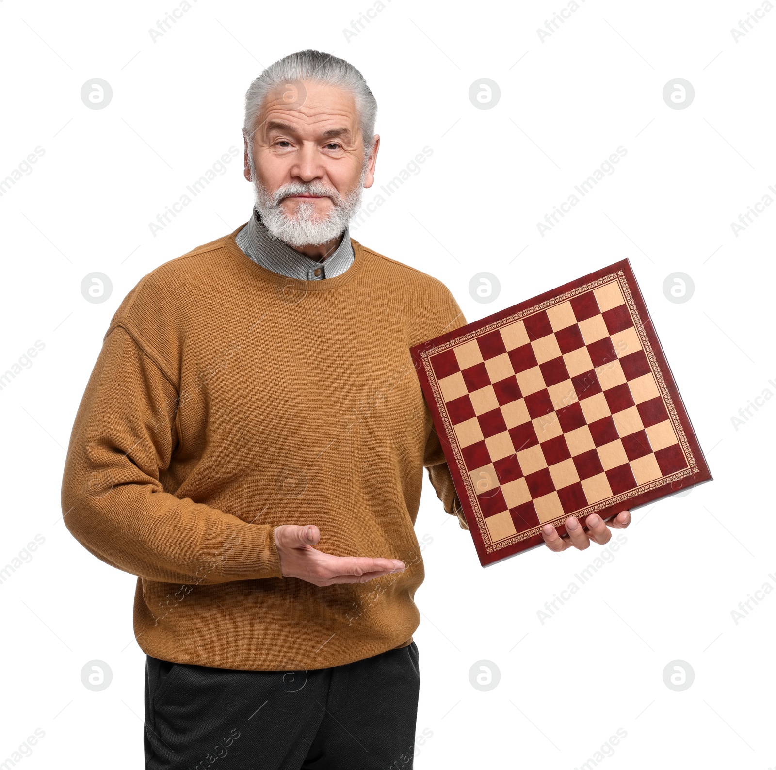 Photo of Man with chessboard on white background. Intellectual game