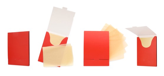 Image of Set with facial oil blotting tissues on white background, banner design. Mattifying wipes