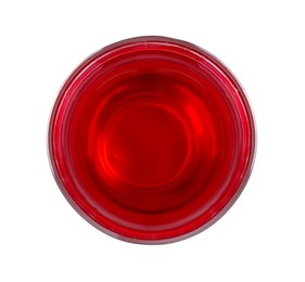 Photo of Tasty cranberry juice in glass isolated on white, top view