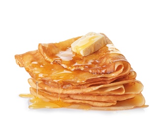 Photo of Stack of tasty thin pancakes with butter and maple syrup on white background