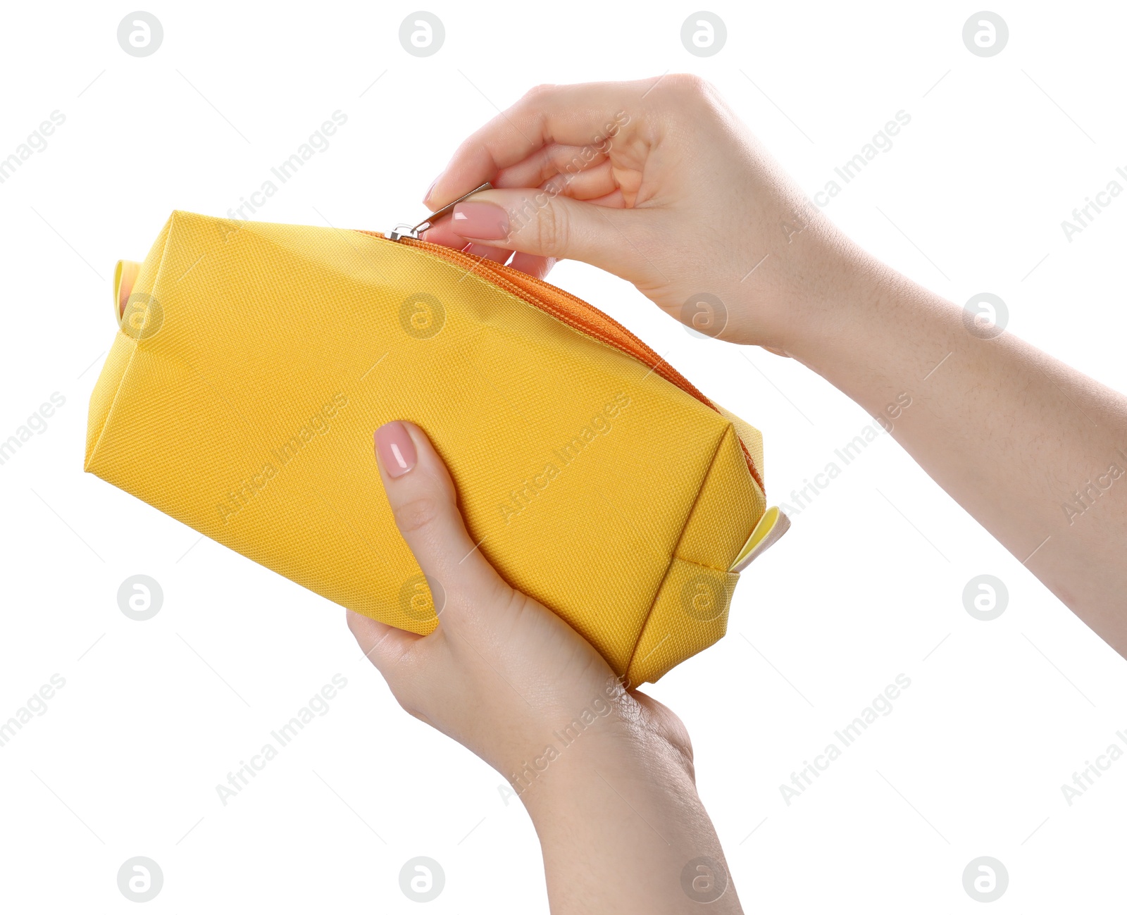 Photo of Woman with cosmetic bag isolated on white, closeup