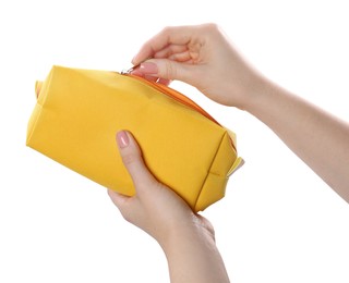 Photo of Woman with cosmetic bag isolated on white, closeup