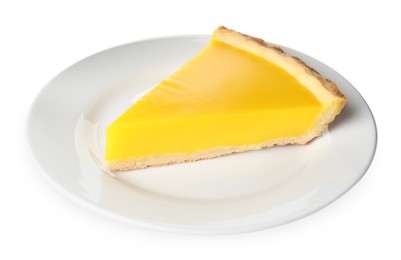 Plate with slice of delicious homemade lemon pie on white background