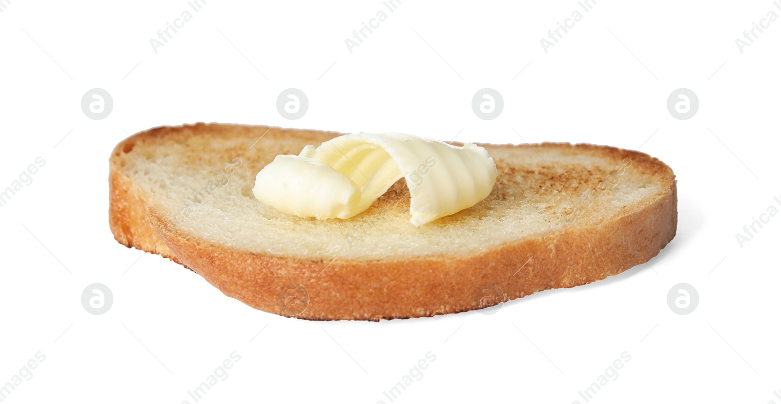 Photo of Slice of bread with butter curl isolated on white