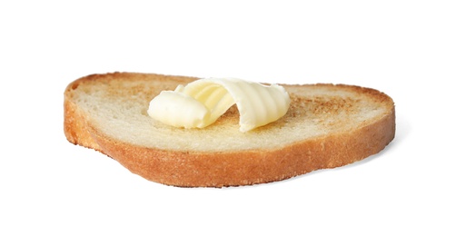 Photo of Slice of bread with butter curl isolated on white