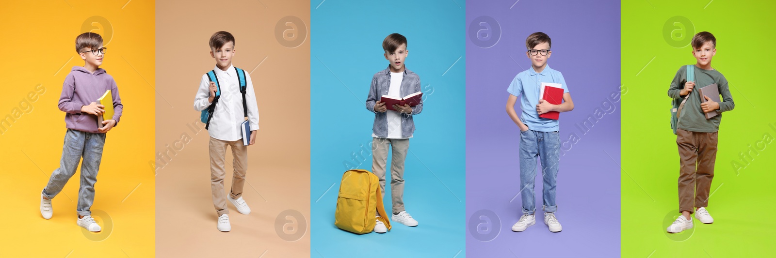 Image of Schoolboy on color backgrounds, set of photos