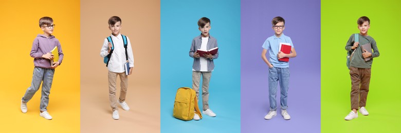 Schoolboy on color backgrounds, set of photos
