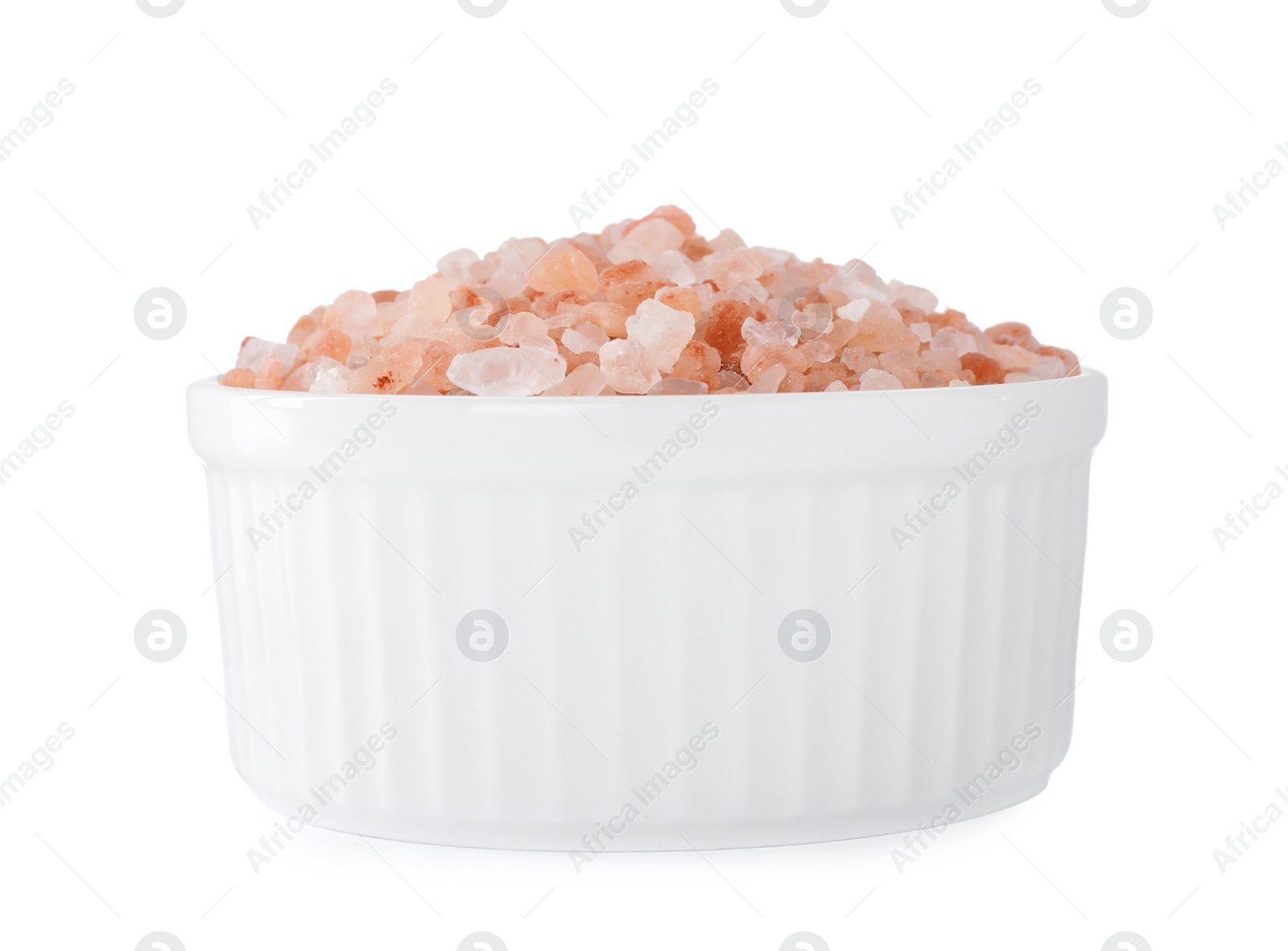 Photo of Pink Himalayan salt in bowl isolated on white