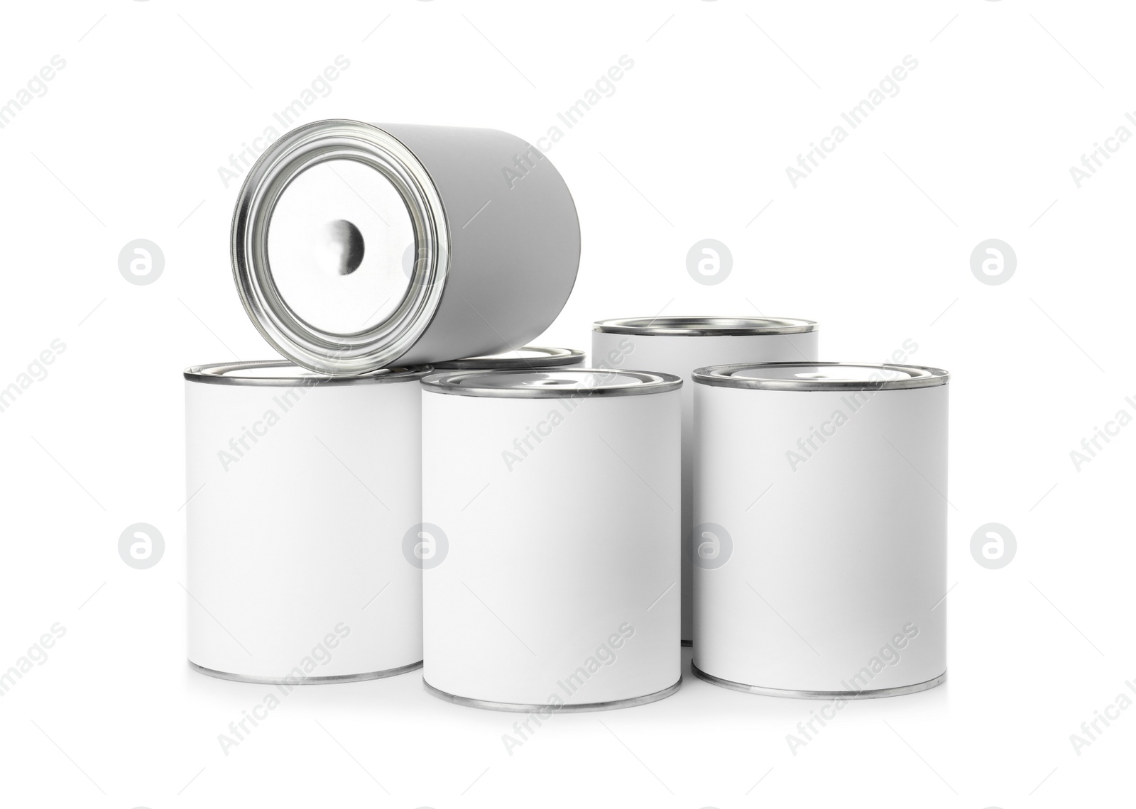 Photo of Paint cans on white background. Mockup for design