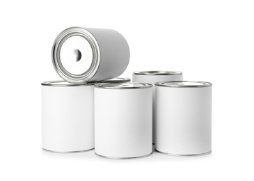 Paint cans on white background. Mockup for design