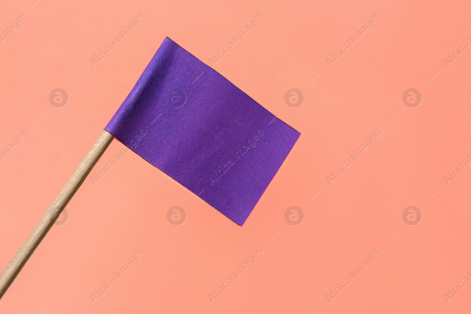 Photo of Small purple paper flag on pink background, closeup. Space for text