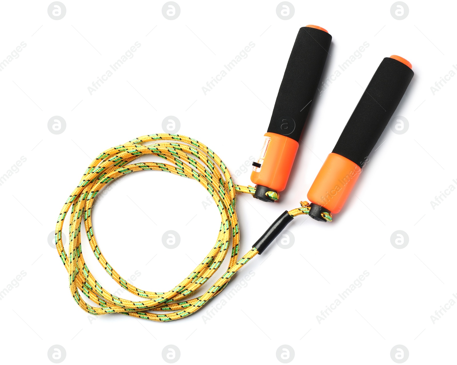 Photo of Jump rope on white background, top view