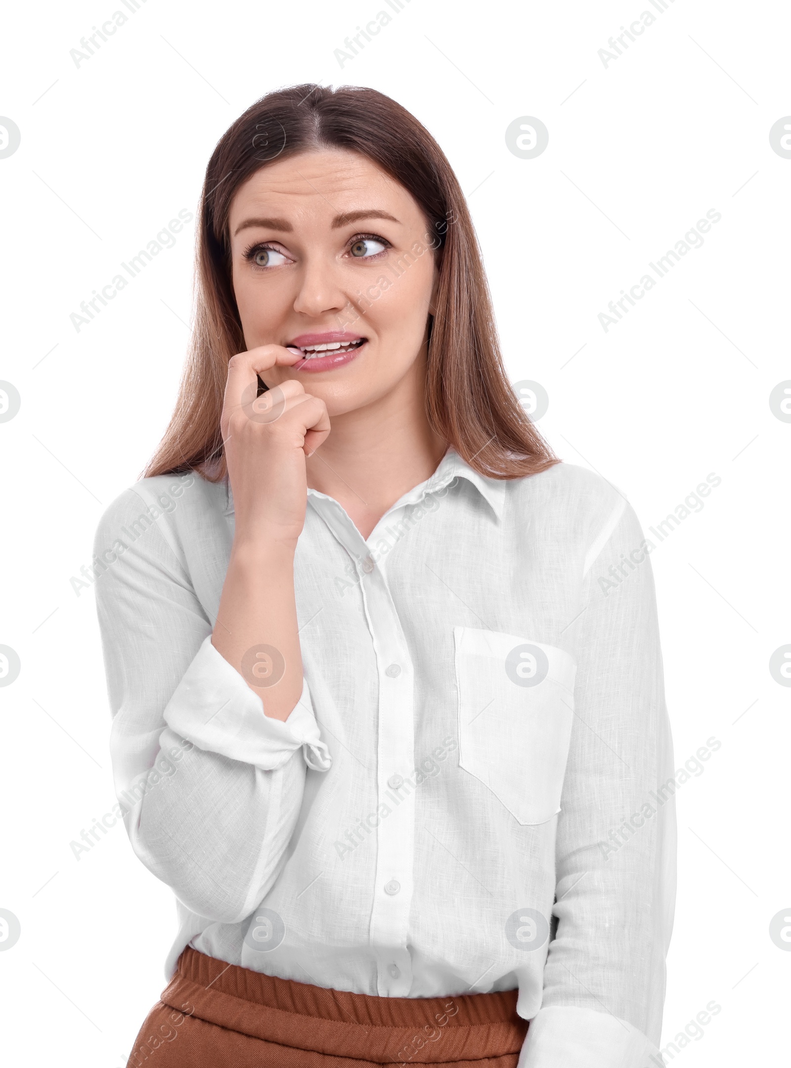 Photo of Beautiful emotional business woman on white background