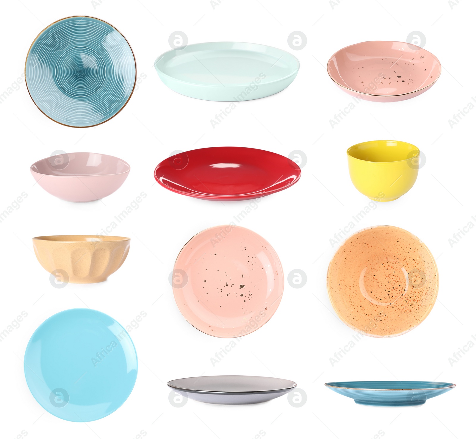 Image of Set with empty ceramic plates and bowls on white background 