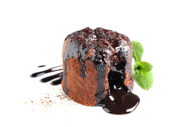Photo of Delicious warm chocolate lava cake on white background