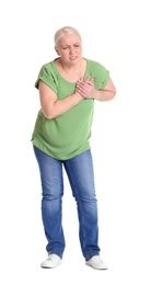 Photo of Mature woman having heart attack on white background