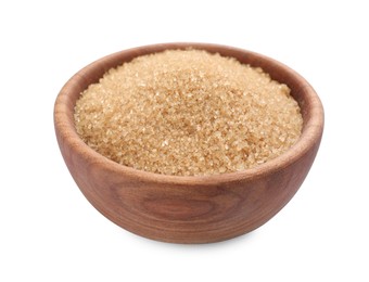 Photo of Brown sugar in wooden bowl isolated on white