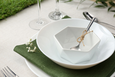 Photo of Elegant table setting with plants, closeup view