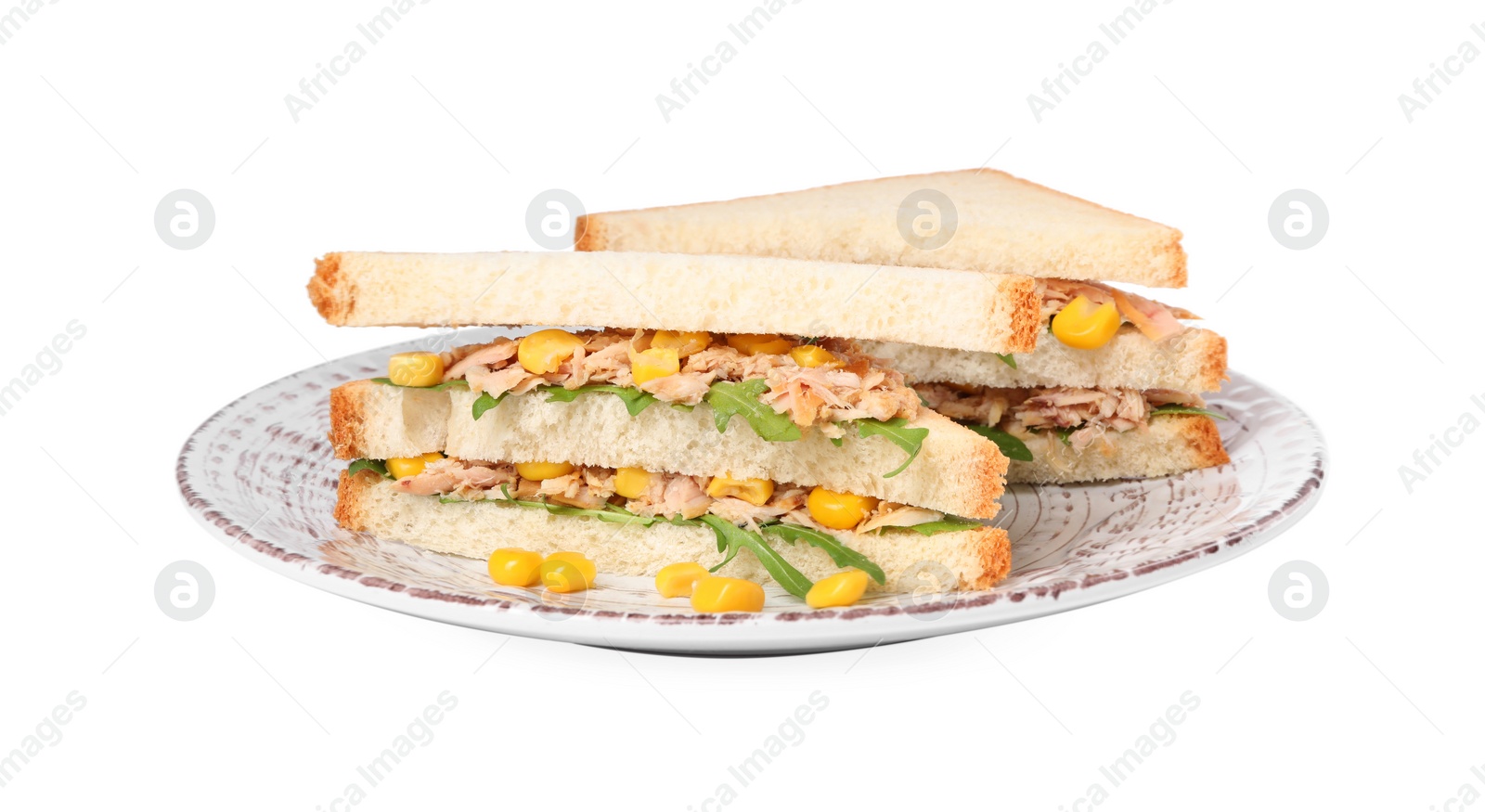 Photo of Delicious sandwiches with tuna, corn and greens on white background