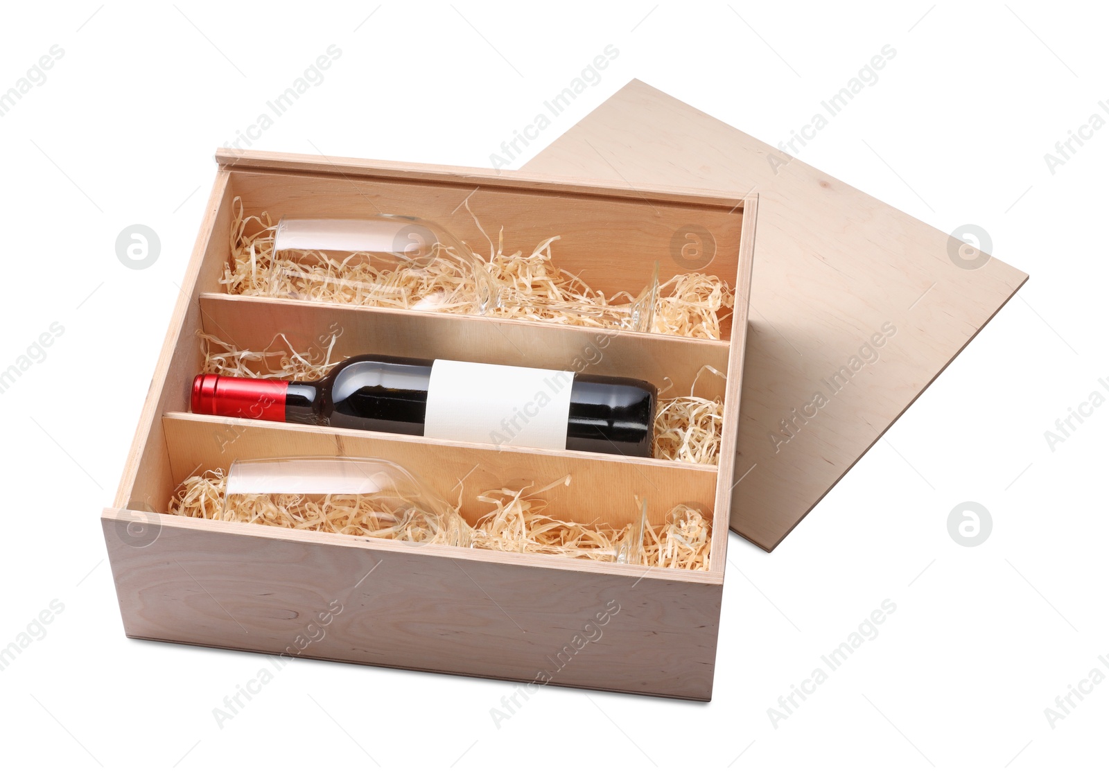 Photo of Wooden gift box with bottle of wine and glasses isolated on white