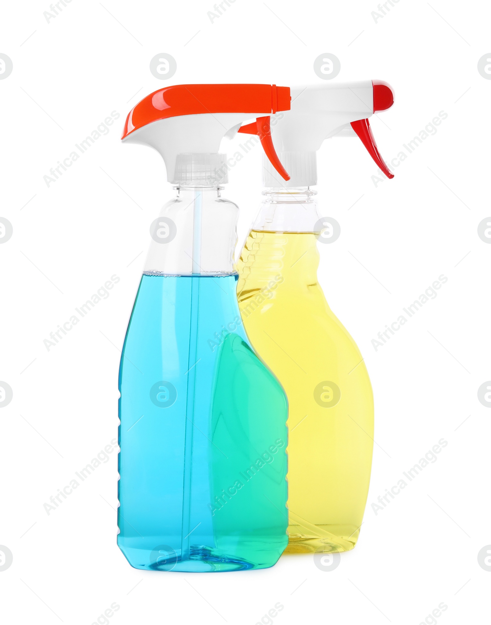 Photo of Plastic spray bottles with liquid isolated on white