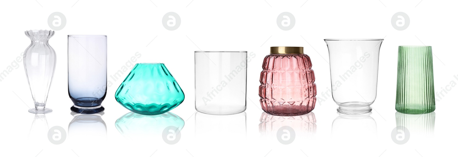 Image of Set of empty glass vases on white background. Banner design