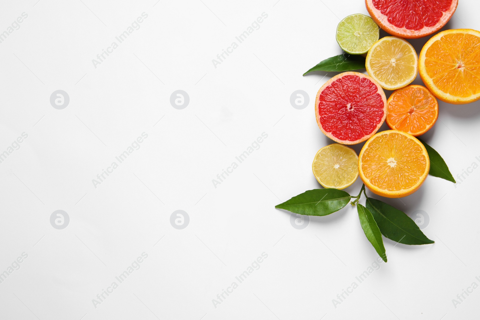 Photo of Different citrus fruits with fresh leaves on white background, top view. Space for text