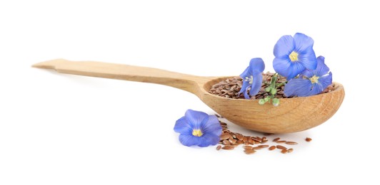 Photo of Wooden spoon with flax flowers and seeds on white background