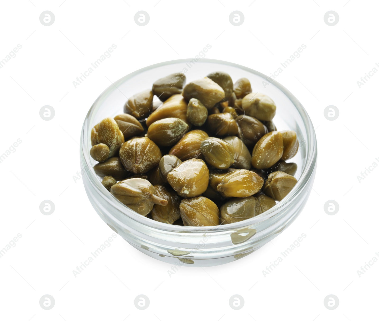 Photo of Capers in glass bowl isolated on white