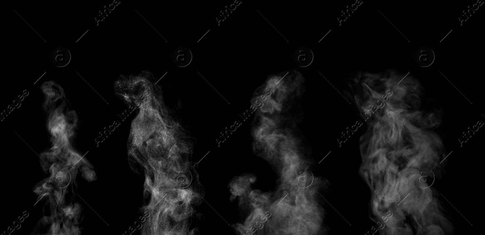 Image of White steam columns rising on black background, collage. Banner design