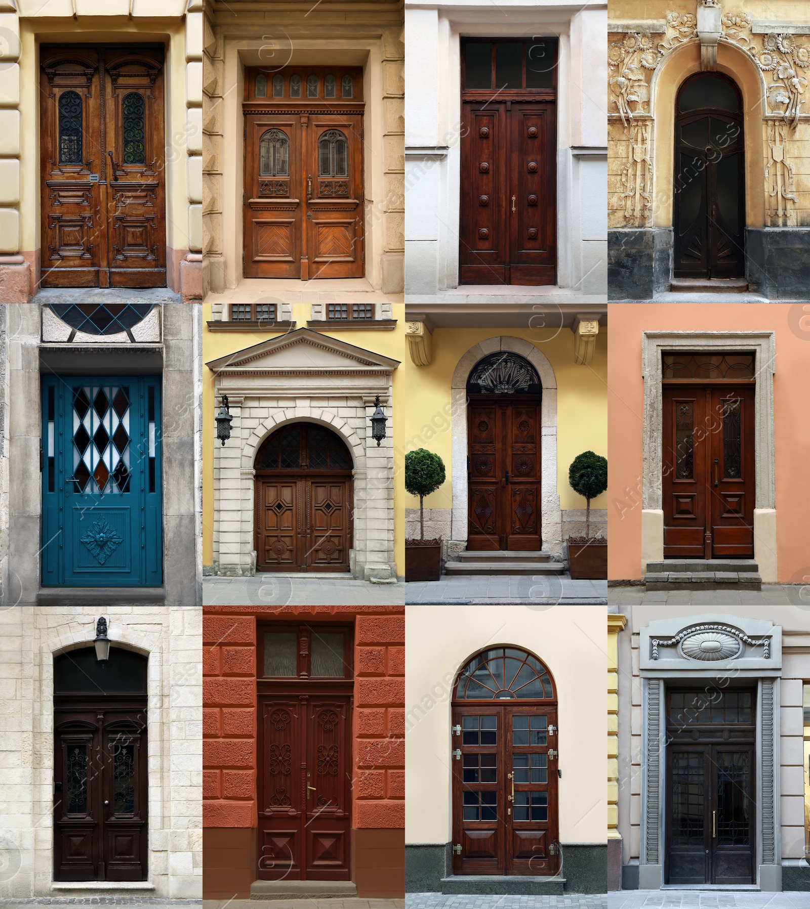 Image of Collage with photos of old buildings with elegant wooden front doors