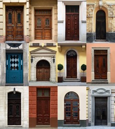 Collage with photos of old buildings with elegant wooden front doors