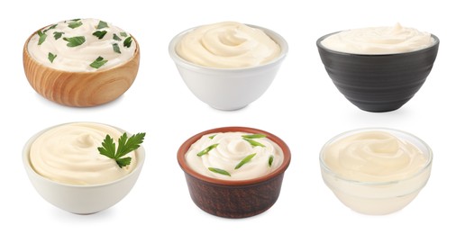 Image of Set with tasty mayonnaise on white background. Banner design