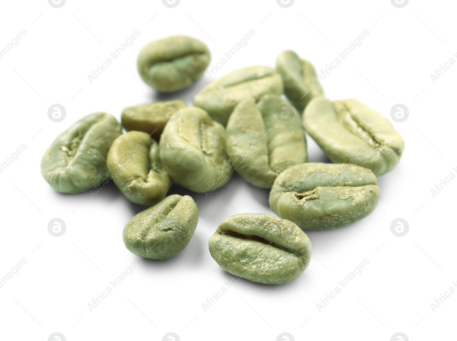 Photo of Pile of green coffee beans on white background