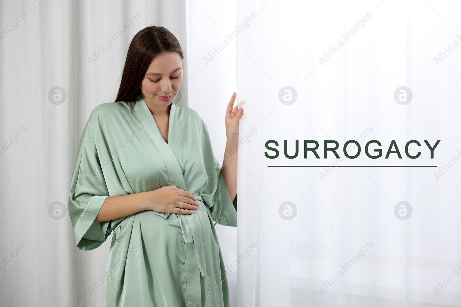 Image of Surrogacy. Pregnant woman touching her belly near window indoors