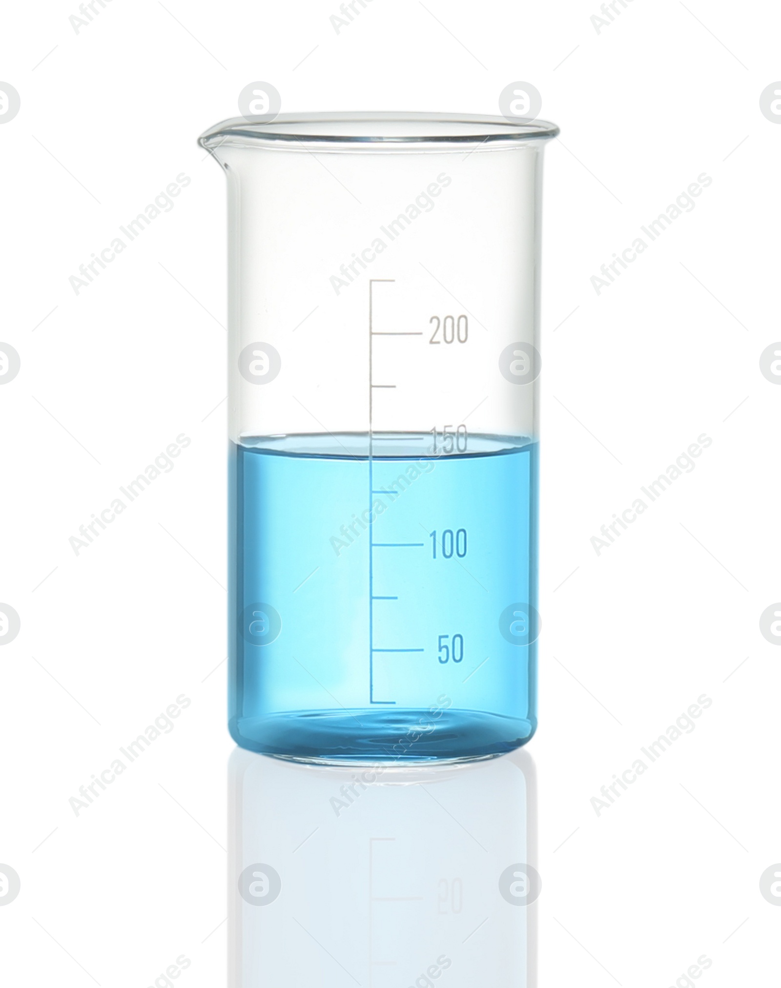 Photo of Beaker with light blue liquid isolated on white