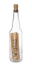 Photo of Wish list in corked glass bottle isolated on white