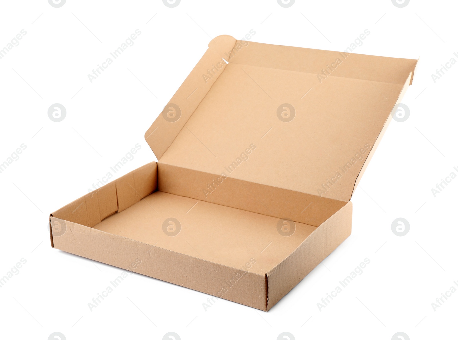 Photo of Open cardboard box on white background. Mockup for design