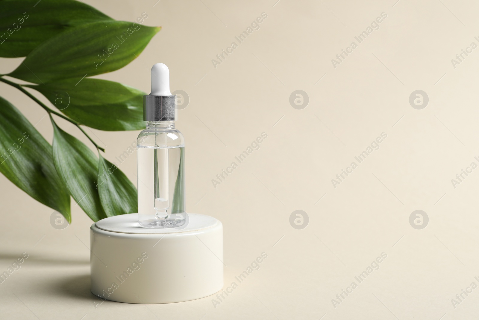Photo of Bottle of cosmetic oil and green leaves on beige background, space for text