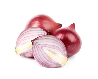 Fresh whole and cut red onions on white background