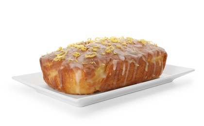 Tasty lemon cake with glaze isolated on white