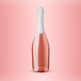 Image of Bottle of expensive sparkling rose wine on pink background