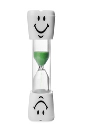 Photo of Hourglass with funny faces on white background. Brushing teeth time