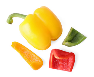 Different juicy bell peppers on white background