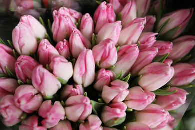 Photo of Beautiful pink tulips as background. Floral decor