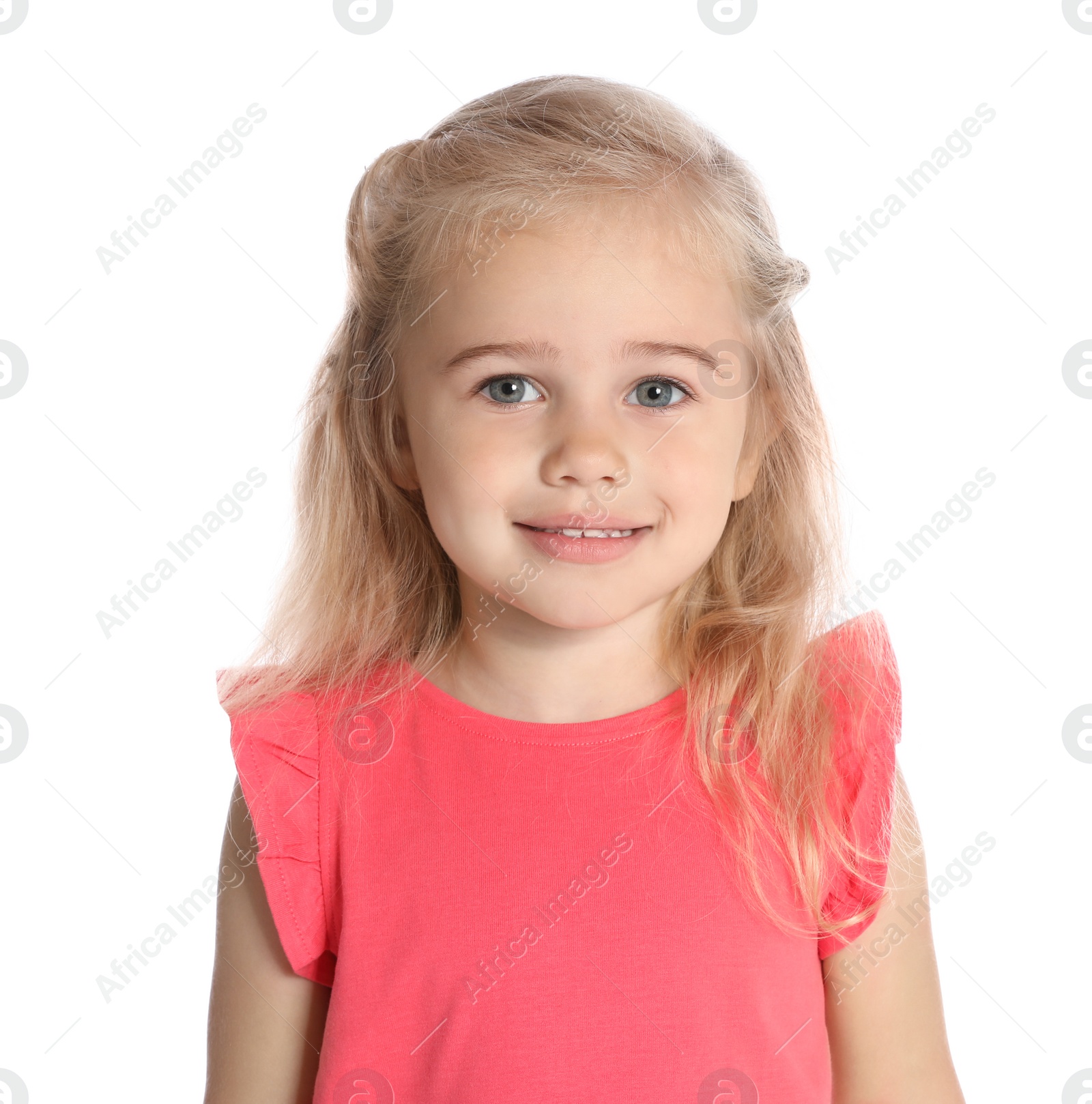 Photo of Portrait of cute little girl on white background